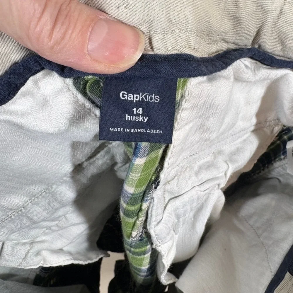 Gap Kids Boys Cargo Shorts 14 Husky Green Plaid Casual Preppy Classic Utility